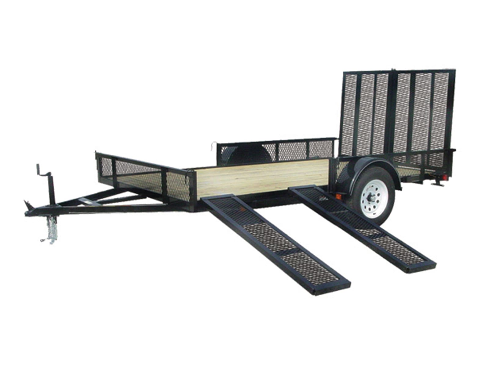 3K Pipe Top Rail Utility Trailer with wood floor and side load vehicle ramp